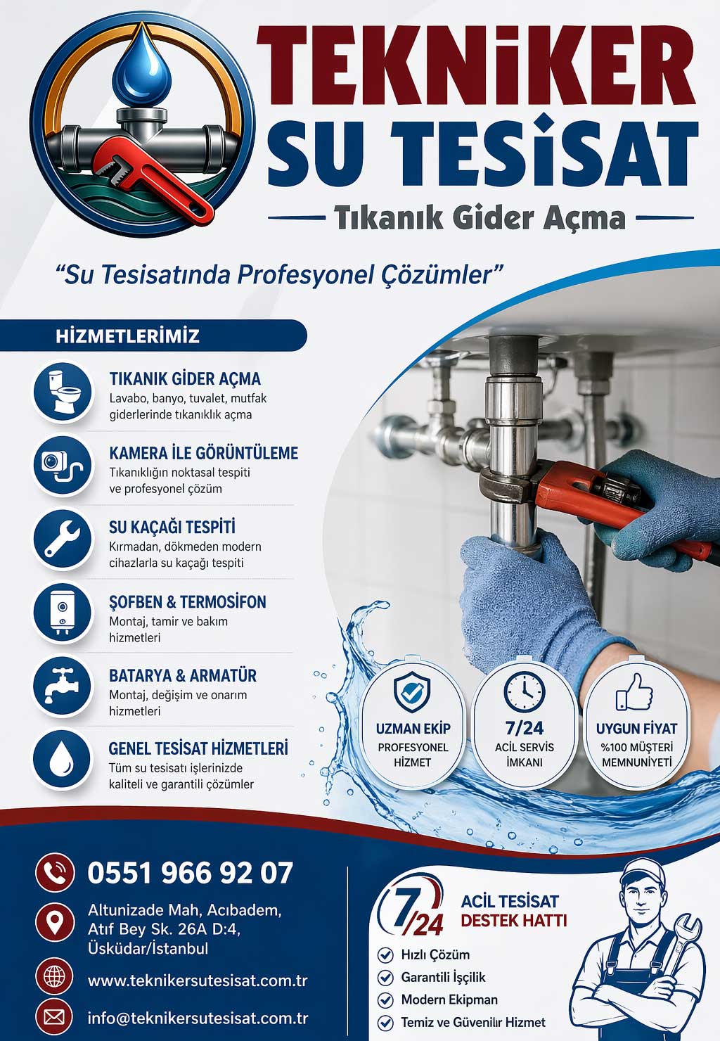 Modern ekipmanlarla donatılmış uzman kadromuz sayesinde tesisat sorunlarına hızlı müdahale ederek kırmadan ve temiz şekilde kalıcı çözümler sunuyoruz